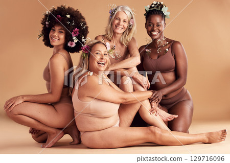 Flowers, diversity and portrait of body positive women happy with self care, creative beauty design and confidence. Group solidarity, lingerie and empowerment of floral girl friends with self love 129716096