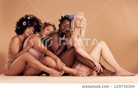 Diversity, women and hug of underwear model group of friends with peace from eco friendly skincare. Body positivity, happy and woman feeling calm, happiness and beauty from skin and flower hair care 129716104