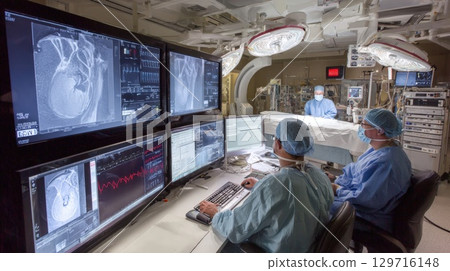 A team of skilled doctors and surgeons, wearing surgical gowns, masks, analyze detailed medical scans on multiple monitors in modern operating room. Advanced technology, collaboration in medical field A team of skilled doctors and surgeons, wearing surgical gowns, masks, analyze detailed medical scans on multiple monitors in modern operating room. Advanced technology, collaboration in medical field 129716148