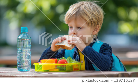 A young student with a backpack enjoys a healthy and delicious lunch, eating a sandwich with a lunchbox full of vegetables and a bottle of water. This image promotes healthy eating and school life 129716157