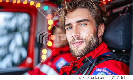 Male emergency responder in red uniform smiling inside vehicle with festive decorations and lights Male emergency responder in red uniform smiling inside vehicle with festive decorations and lights 129716164