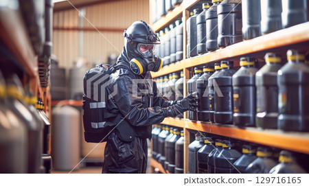 Worker in protective gear inspecting chemical containers in a storage facility with safety measures Worker in protective gear inspecting chemical containers in a storage facility with safety measures 129716165