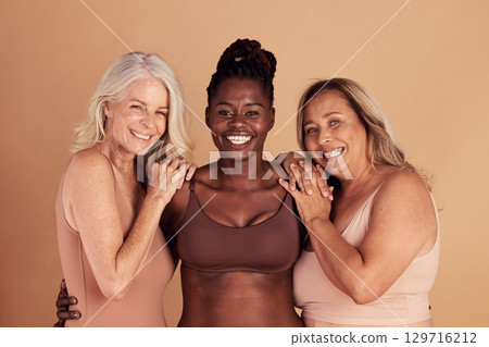 Beauty, diversity and body positive with portrait of women in lingerie for support, empowerment and generations. Confidence, plus size and self love with models in bikini for community and natural 129716212