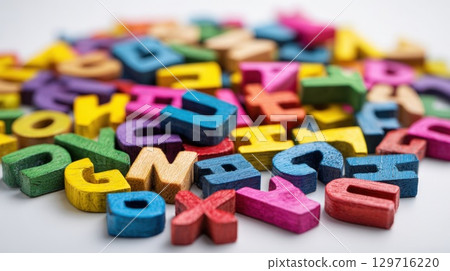 A vibrant, close-up shot of jumble of colorful wooden alphabet letters on white background. This image is perfect for themes of childhood learning, early education, spelling, creativity, development 129716220