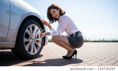 一名身穿西裝的女子蹲在停車場,指著汽車輪胎 一名身穿西裝的女子蹲在停車場,指著汽車輪胎 129716297