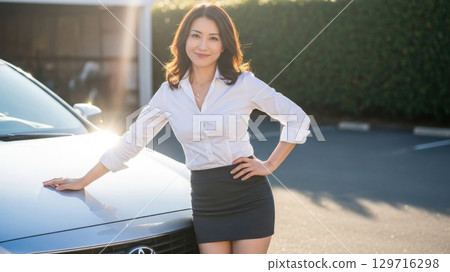 一位女售貨員微笑著，雙手放在她心愛的汽車引擎蓋上 129716298