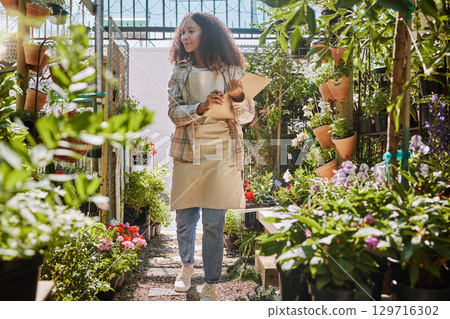 Store, flowers or black woman with checklist for quality control or quality assurance monitoring plants growth. Small business, gardening or florist worker writing on clipboard for floral inspection 129716302