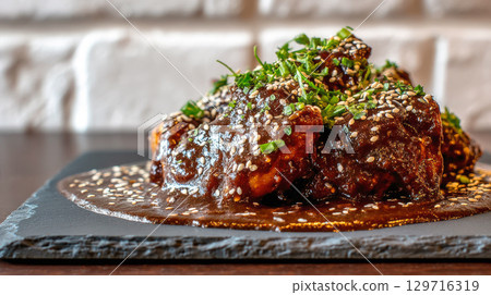 Chicken wings smothered in dark mole sauce. Wings are garnished with toasted sesame seeds and fresh cilantro, presented on a dark slate plate, highlighting a fusion of traditional Mexican flavors 129716319