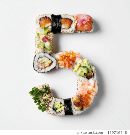 A variety of fresh, delicious Japanese sushi rolls are creatively arranged to form the number five. This vibrant and fun graphic, shot on a white background 129716348