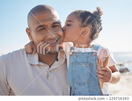 Father, child and kiss with travel and beach, family together for fun in sun, outdoor and love in portrait. Relationship, bond and trust with holiday in Hawaii, adventure and seaside vacation. Father, child and kiss with travel and beach, family together for fun in sun, outdoor and love in portrait. Relationship, bond and trust with holiday in Hawaii, adventure and seaside vacation. 129716393