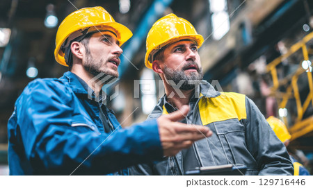 Two men in yellow hard hats and work uniforms stand together, discussing a project in what appears to be a factory or industrial space. The image highlights themes of collaboration, teamwork. Two men in yellow hard hats and work uniforms stand together, discussing a project in what appears to be a factory or industrial space. The image highlights themes of collaboration, teamwork. 129716446