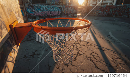 Close up of basketball hoop with net on outdoor city court at sunset 129716464