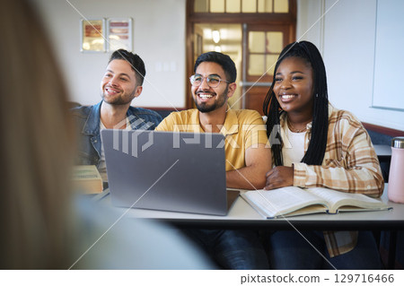 Students, laptop or classroom diversity on school, college or university campus for education, learning or studying. Smile, happy men or black woman and learning technology, notebooks or future goals Students, laptop or classroom diversity on school, college or university campus for education, learning or studying. Smile, happy men or black woman and learning technology, notebooks or future goals 129716466