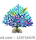 Rainbow big tropical parrot fish among multicolored mesh fire corals. Underwater sea view watercolor template for marine design, cards, posters, stickers, scrapbooking, textile, diving, snorkeling 129716476