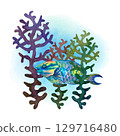 Rainbow big tropical parrot fish among multicolored mesh fire corals. Underwater sea view watercolor template for marine design, cards, posters, stickers, scrapbooking, textile, diving, snorkeling 129716480