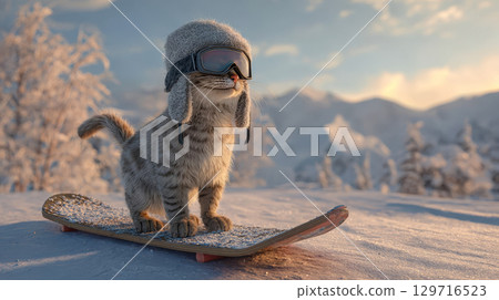 Cute tabby cat in winter hat and ski goggles stands on snowboard against snowy mountains Cute tabby cat in winter hat and ski goggles stands on snowboard against snowy mountains 129716523