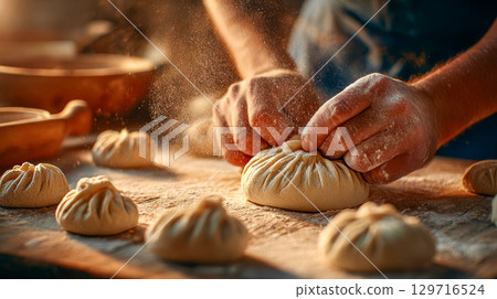 A chef prepares traditional Georgian khinkali on a floured wooden table in a village kitchen A chef prepares traditional Georgian khinkali on a floured wooden table in a village kitchen 129716524