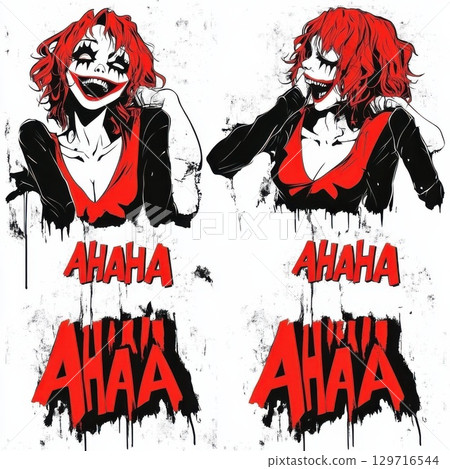 Grunge dark joker girl with scary smile. Cool trendy print for t-shirt, wall poster, notebook cover 129716544