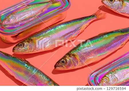Closeup view of iridescent fish with rainbow distortion on pink backdrop 129716594