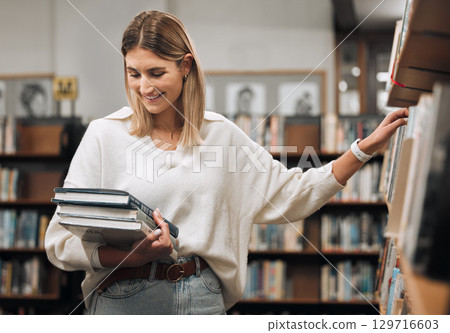 Woman, books and library to search for choice of author, writer or literature education for reading and learning at college. Happy university student with book for research on a bookstore shelf 129716603