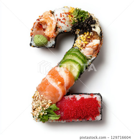 A creative and artful presentation of Japanese cuisine, with various types of sushi meticulously arranged to form the number two. This unique, eye-catching image is perfect for menus, promotions, food 129716604