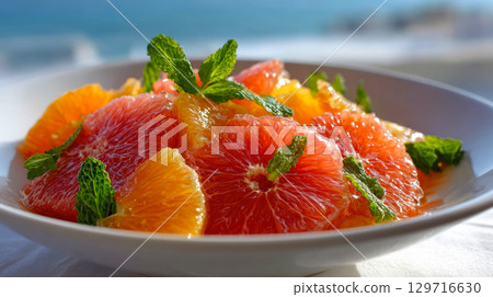 vibrant and refreshing citrus salad with juicy grapefruit and orange segments, garnished with fresh mint leaves, offering a healthy and delicious light meal or appetizer for a sunny day 129716630