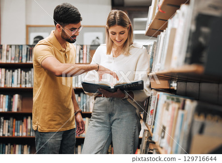 Students, library and discussion for man, woman or book for knowledge, learning or information in university. Bookshelf, conversation and reading for college student, friends or education for success 129716644