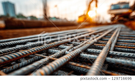 Close-up of a rusty steel rebar grid at a construction site with a blurred background of a city silhouette and beautiful sunset. Perfect for illustrating themes of construction, industry, and building 129716696