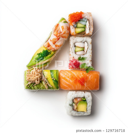 This image features the number 4 creatively formed from various pieces of fresh sushi, including rolls with salmon, shrimp, avocado, tobiko. It's perfect for menus, promotions, food-related design 129716718