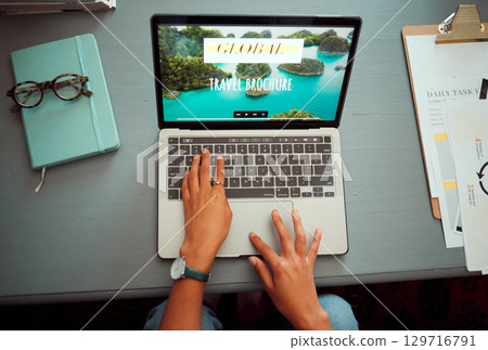 Laptop, hands and travel planning of woman online with international holiday trip screen top view. Vacation, adventure and journey organisation of girl busy with internet research on digital device. 129716791