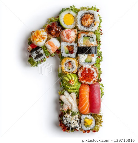 This image features the number '1' creatively formed from a variety of delicious sushi pieces, including rolls, sashimi, fresh garnishes. It's perfect visual for menus, food promotions, special events 129716816