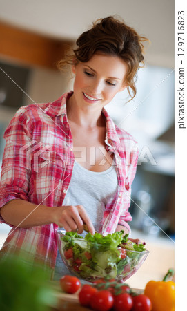 A beautiful young woman stands in her modern kitchen, smiling as she tosses a fresh, vibrant green salad in a large glass bowl, embodying a healthy and conscious lifestyle 129716823