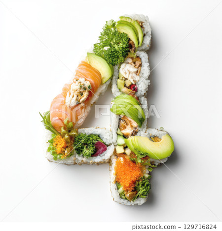 A top-down view of an artfully arranged number "4" composed entirely of fresh, colorful sushi rolls, including salmon, avocado, and other garnishes, set against a clean white background. 129716824