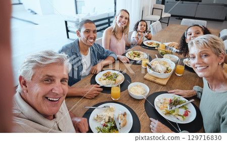 Big family, lunch and selfie with food on table in home dining room. Fine dining, happy memory and grandma, grandpa and father, mother and girls with healthy meal taking pictures for social media. Big family, lunch and selfie with food on table in home dining room. Fine dining, happy memory and grandma, grandpa and father, mother and girls with healthy meal taking pictures for social media. 129716830