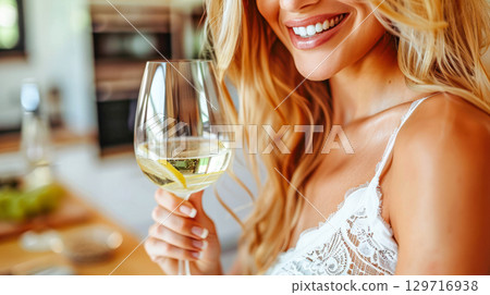 Smiling woman holding a glass of white wine in a bright kitchen with elegant decor and ambiance 129716938