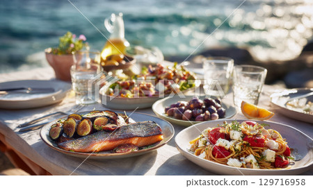 A lavish outdoor lunch setup on a sunny day by the sea. The table is filled with a variety of delicious mediterranean dishes including fish, pasta, salads, and olives 129716958
