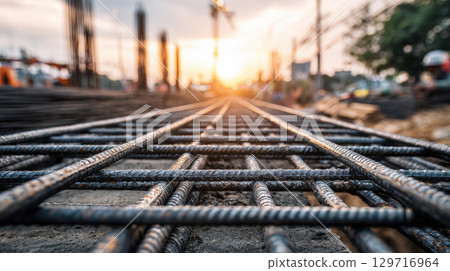 Sunset illuminates a construction site, highlighting the intricate grid of steel rebar reinforcement on a concrete foundation, with heavy machinery in the soft-focused background 129716964