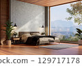 Modern loft style bedroom with mountain view background 3D render 129717178
