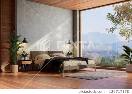 Modern loft style bedroom with mountain view background 3D render 129717178