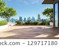 Modern contemporary style empty wooden terrace with city view background 3d render 129717180