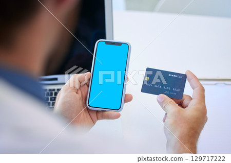Mand hand, credit card and phone screen with mockup space for marketing, advertising and logo branding at desk. Male hands, mobile smartphone and online shopping, web banking and internet payment 129717222