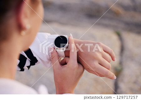 Smartwatch, fitness and training outdoor, check time and hand after exercise, workout and running in street. Digital technology, marathon and runner hands zoom, heart rate and app for run speed Smartwatch, fitness and training outdoor, check time and hand after exercise, workout and running in street. Digital technology, marathon and runner hands zoom, heart rate and app for run speed 129717257