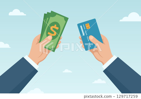 Cash and Credit Card, Flat Vector Illustration. Hand Holding Cash and Bank Card on Blue Background. Financial Concept for Shopping, Online Payment, Cash Payment, Card Payment, Money Transfer, Banking 129717259