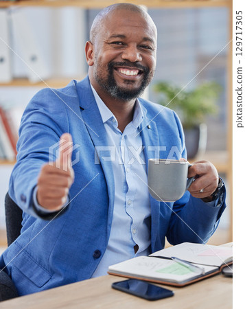 Business, thumbs up and black man with coffee, office and success for marketing strategy. Male entrepreneur, ceo or leader with tea, hand gesture for startup company or planning for project and smile Business, thumbs up and black man with coffee, office and success for marketing strategy. Male entrepreneur, ceo or leader with tea, hand gesture for startup company or planning for project and smile 129717305