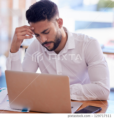 Thinking, depression and businessman on laptop in office with stress, anxiety or mental health problem for budget, finance and career fail. Sad, headache or burnout business man working on technology Thinking, depression and businessman on laptop in office with stress, anxiety or mental health problem for budget, finance and career fail. Sad, headache or burnout business man working on technology 129717311