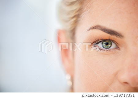 Half face, eyes and woman with mockup, focus and vision, awareness and natural cosmetics in Ireland. Closeup portrait of female, lady and seeing human with mock up, healthy perception and eye test Half face, eyes and woman with mockup, focus and vision, awareness and natural cosmetics in Ireland. Closeup portrait of female, lady and seeing human with mock up, healthy perception and eye test 129717351