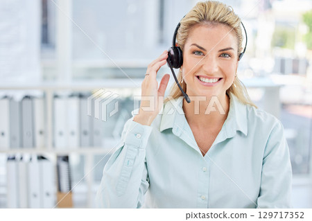 Portrait, contact us or woman at a call center consulting, talking or helping clients with a financial loan plan. Face, crm or happy telemarketing agent in communication or speaking via microphone Portrait, contact us or woman at a call center consulting, talking or helping clients with a financial loan plan. Face, crm or happy telemarketing agent in communication or speaking via microphone 129717352