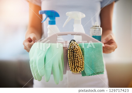 Woman, hands or cleaning container with spray bottle, rubber gloves or fabric for hygiene maintenance, virus security or compliance. Zoom, maid or cleaner service worker with product for housekeeping Woman, hands or cleaning container with spray bottle, rubber gloves or fabric for hygiene maintenance, virus security or compliance. Zoom, maid or cleaner service worker with product for housekeeping 129717423