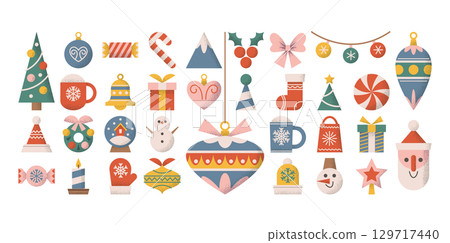 Christmas geometric design elements set with various winter holiday decorations and attributes 129717440