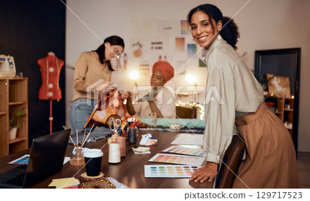 Fashion, designer or black woman at a small business, workshop or studio with color, textures or fabric choices. Portrait, entrepreneur or happy female business owner planning creative clothing ideas Fashion, designer or black woman at a small business, workshop or studio with color, textures or fabric choices. Portrait, entrepreneur or happy female business owner planning creative clothing ideas 129717523